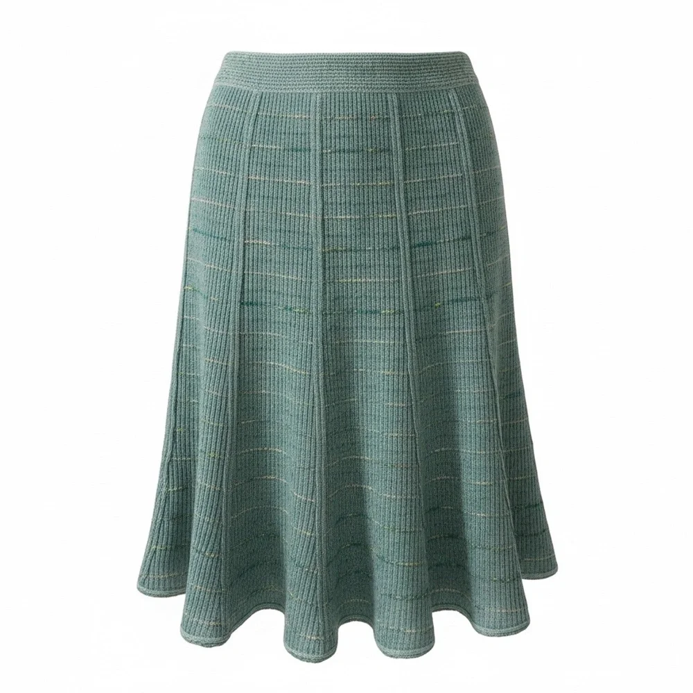 ST JOHN Collection Vintage Teal Blue Textured Knit Flared Midi Skirt Size 0 USA